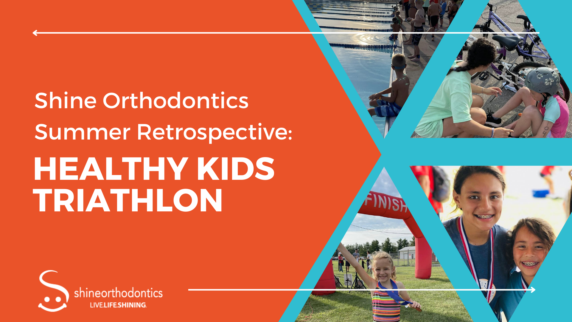 Multiple images of kids during the triathlon with text "Shine Orthodontics Summer Retrospective: Healthy Kids Triathlon"